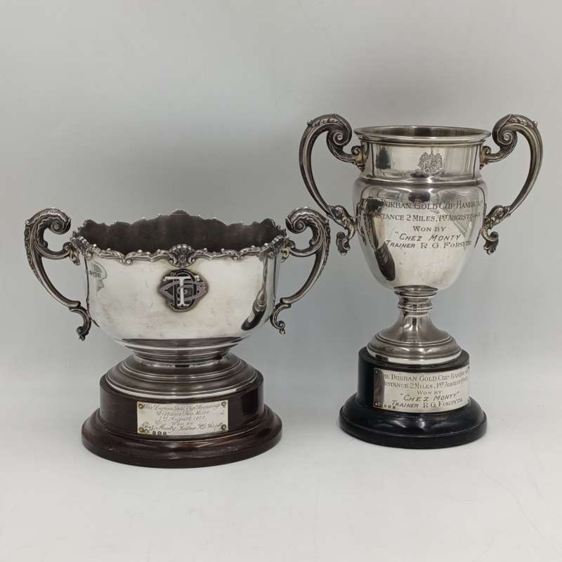 Pair of sterling silver cups won by horse "Chez Monty" ridden by well known Charlie Barends