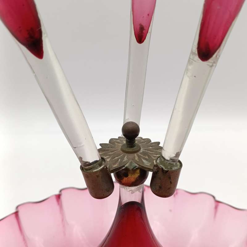 Antique Victorian Cranberry glass epergne - circa 1880 - small decoration leaf piece missing