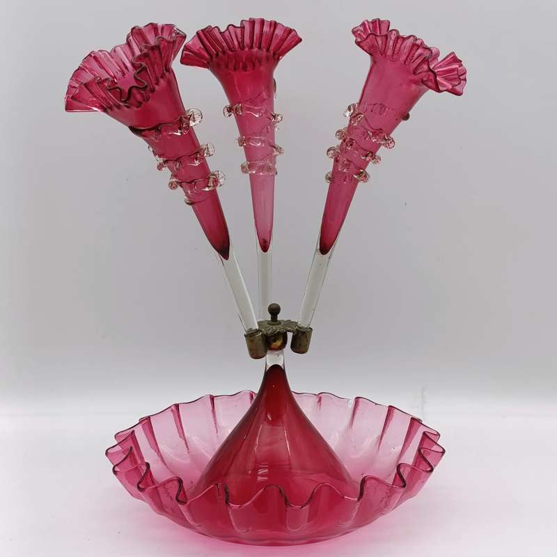 Antique Victorian Cranberry glass epergne - circa 1880 - small decoration leaf piece missing