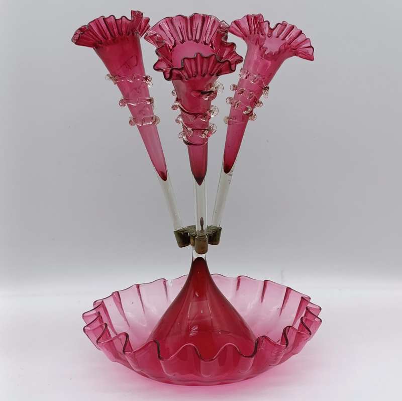 Antique Victorian Cranberry glass epergne - circa 1880 - small decoration leaf piece missing