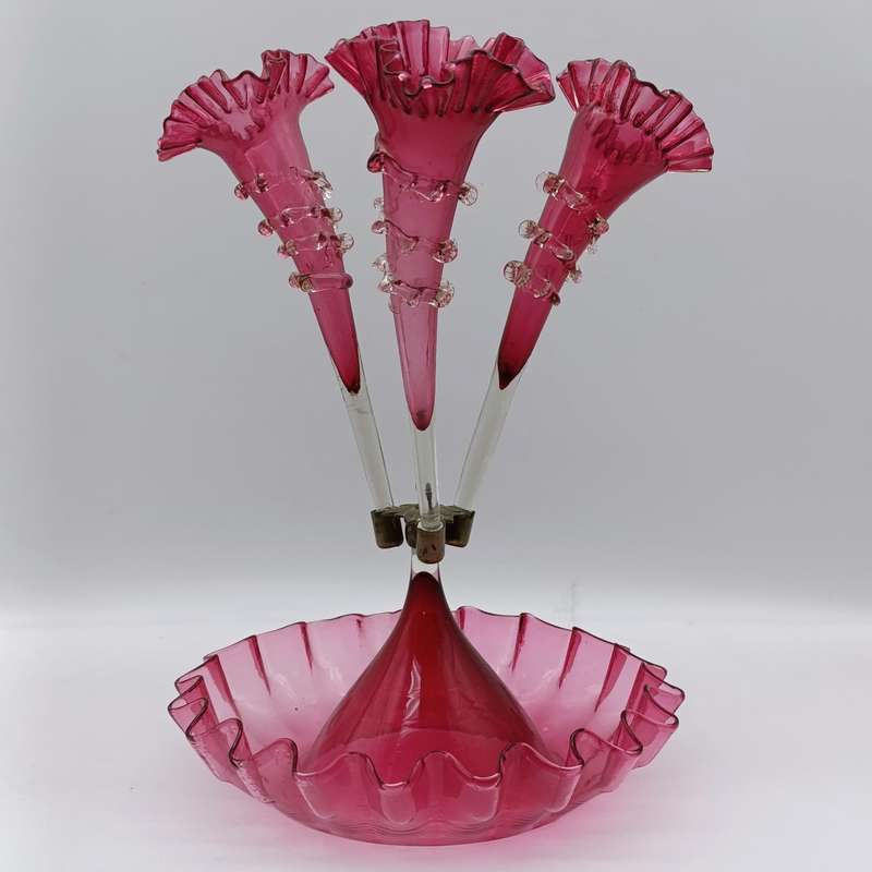 Antique Victorian Cranberry glass epergne - circa 1880 - small decoration leaf piece missing