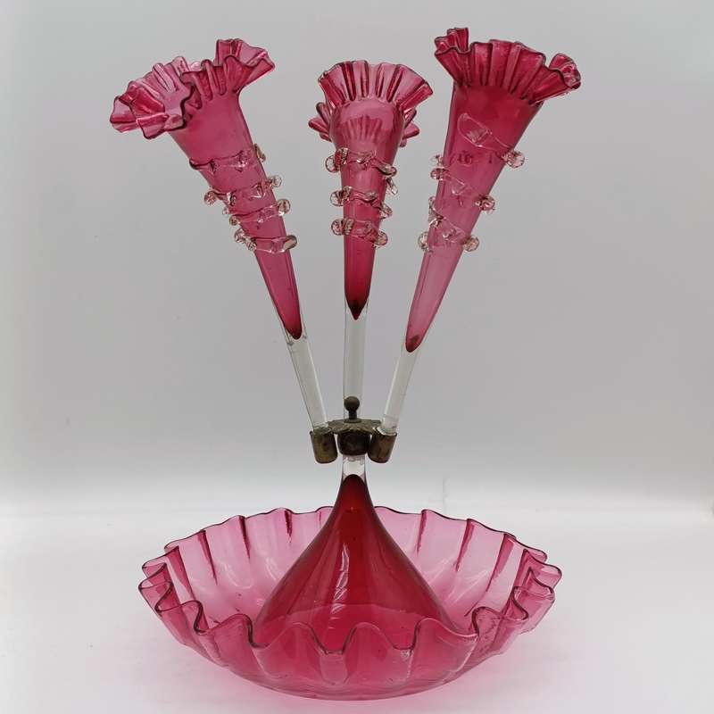 Antique Victorian Cranberry glass epergne - circa 1880 - small decoration leaf piece missing