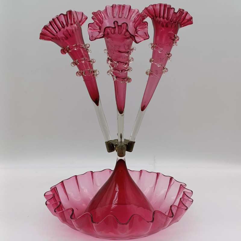 Antique Victorian Cranberry glass epergne - circa 1880 - small decoration leaf piece missing