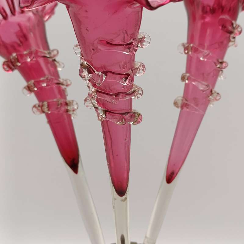 Antique Victorian Cranberry glass epergne - circa 1880 - small decoration leaf piece missing