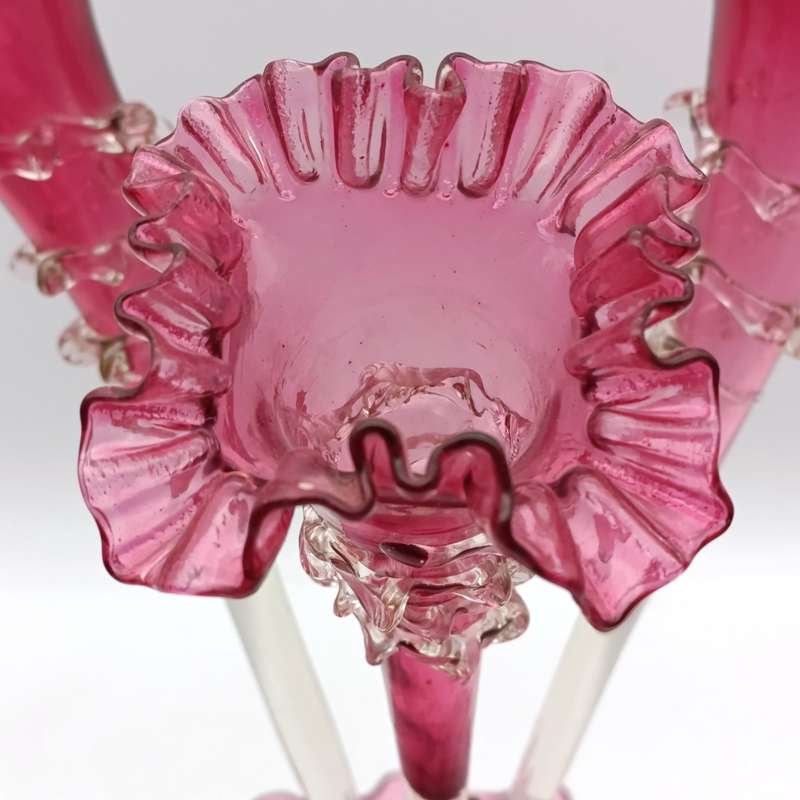 Antique Victorian Cranberry glass epergne - circa 1880 - small decoration leaf piece missing