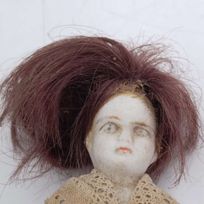 Antique bisque doll with long hair - 15cm long