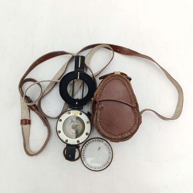 Antique Stanley London pocket compass with leather pouch - serial 07563