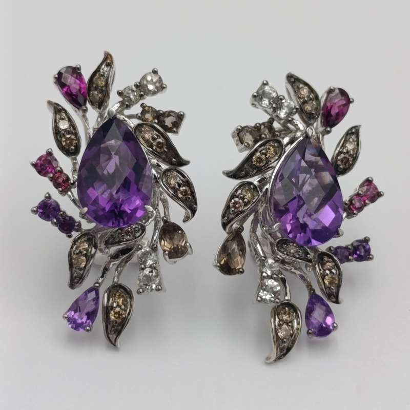 14kt white gold Amethyst necklace and pendant set with earrings - including diamonds, and quartz