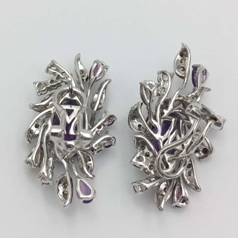 14kt white gold Amethyst necklace and pendant set with earrings - including diamonds, and quartz