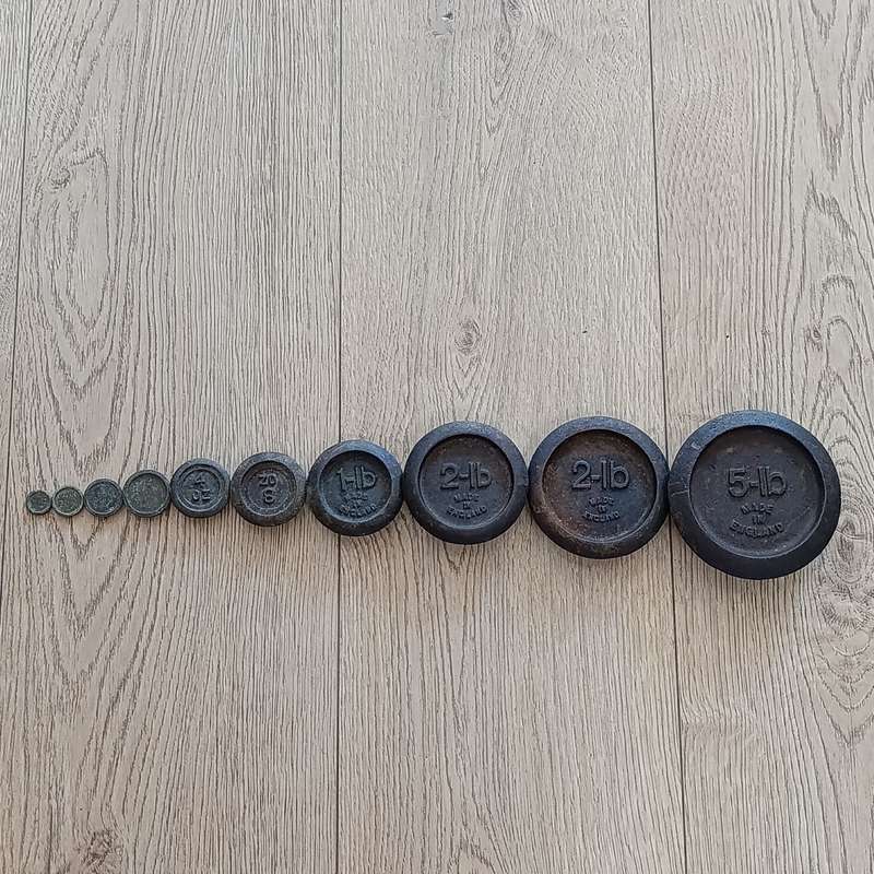 Full set of 10 Antique Scale weights - 1/4oz to 5 pounds - brass and cast iron