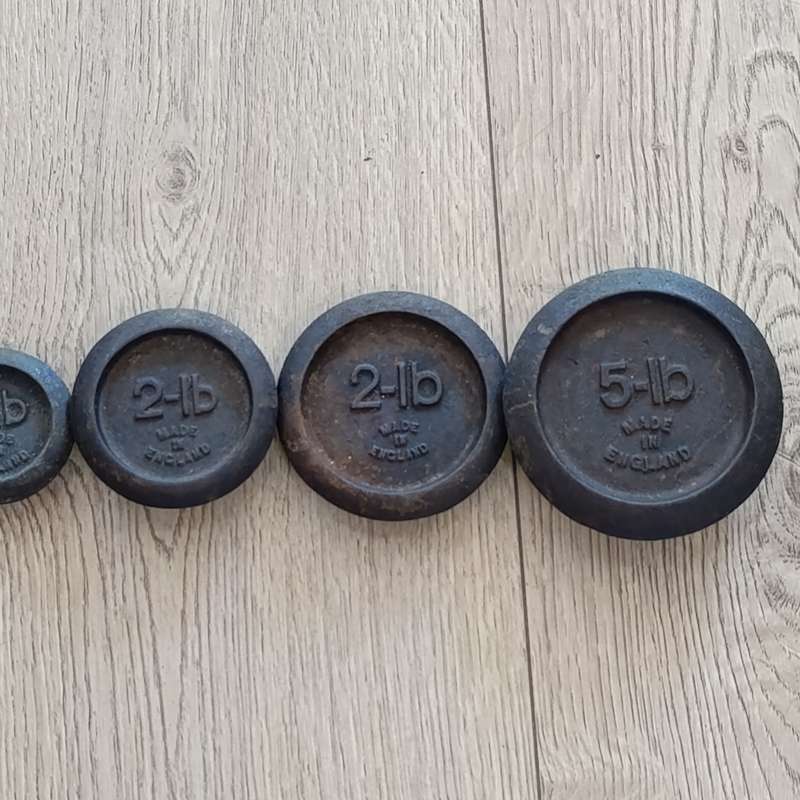 Full set of 10 Antique Scale weights - 1/4oz to 5 pounds - brass and cast iron