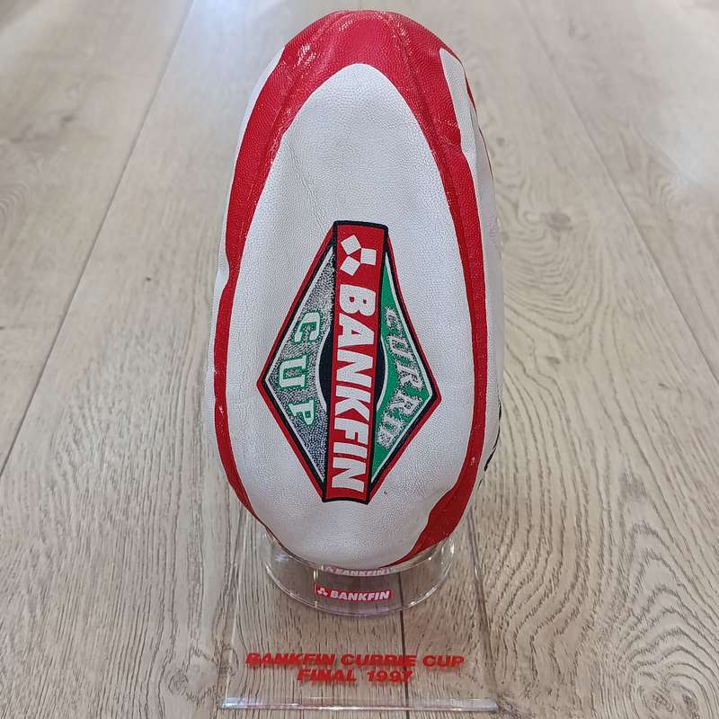 Bankfin Currie Cup Final 1997 Gilbert Rugby ball with stand - won at the game for guessing the score