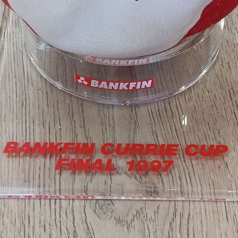 Bankfin Currie Cup Final 1997 Gilbert Rugby ball with stand - won at the game for guessing the score