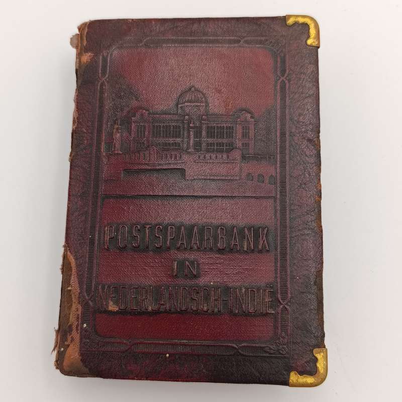 Vintage Nederlandsch-Indie postspaarbank book shaped money box with key
