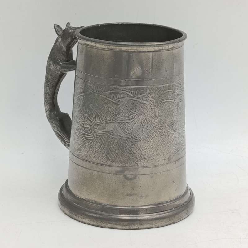 Antique English pewter fox hunting tankard