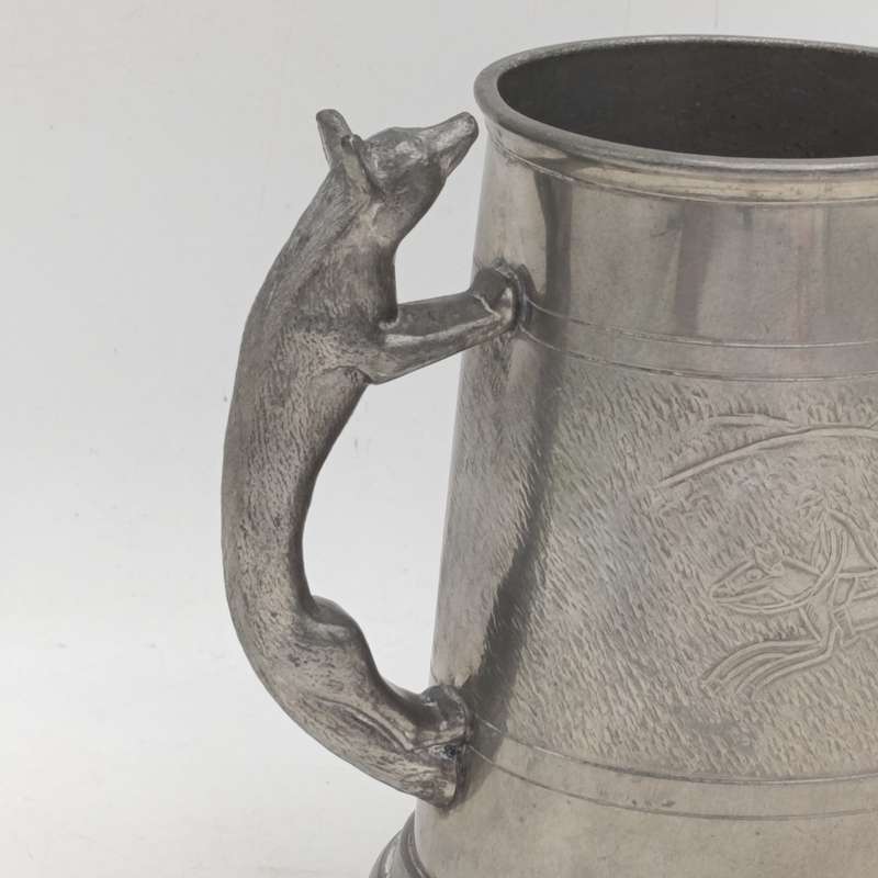 Antique English pewter fox hunting tankard