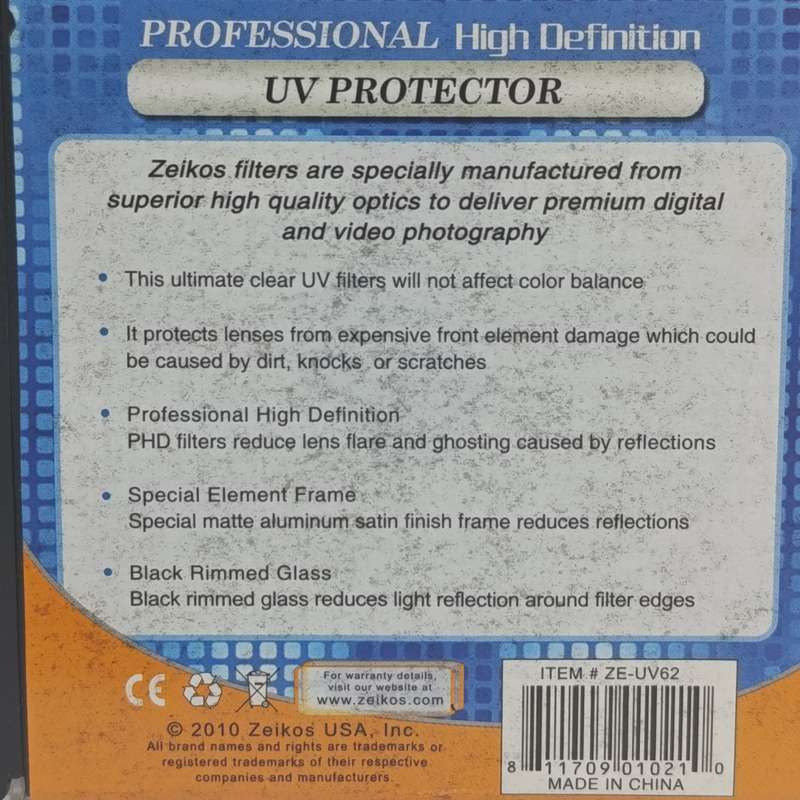 62mm UV filter/ lens protector - unused in case