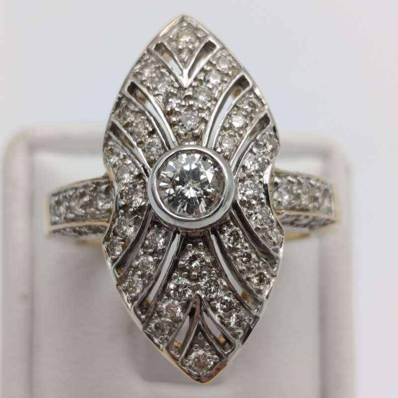 9kt gold ring with centre diamond of almost half a carat plus a further 56 diamonds - weight 7.3g
