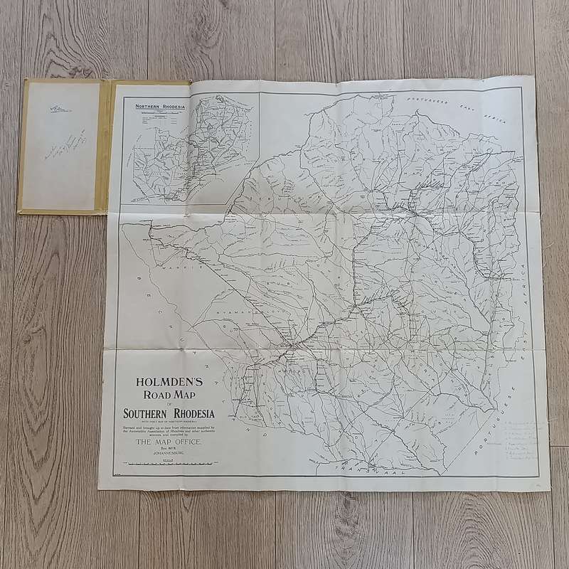 Vintage Holmes Road map of Rhodesia - Southern Rhodesia with insert of Northern Rhodesia