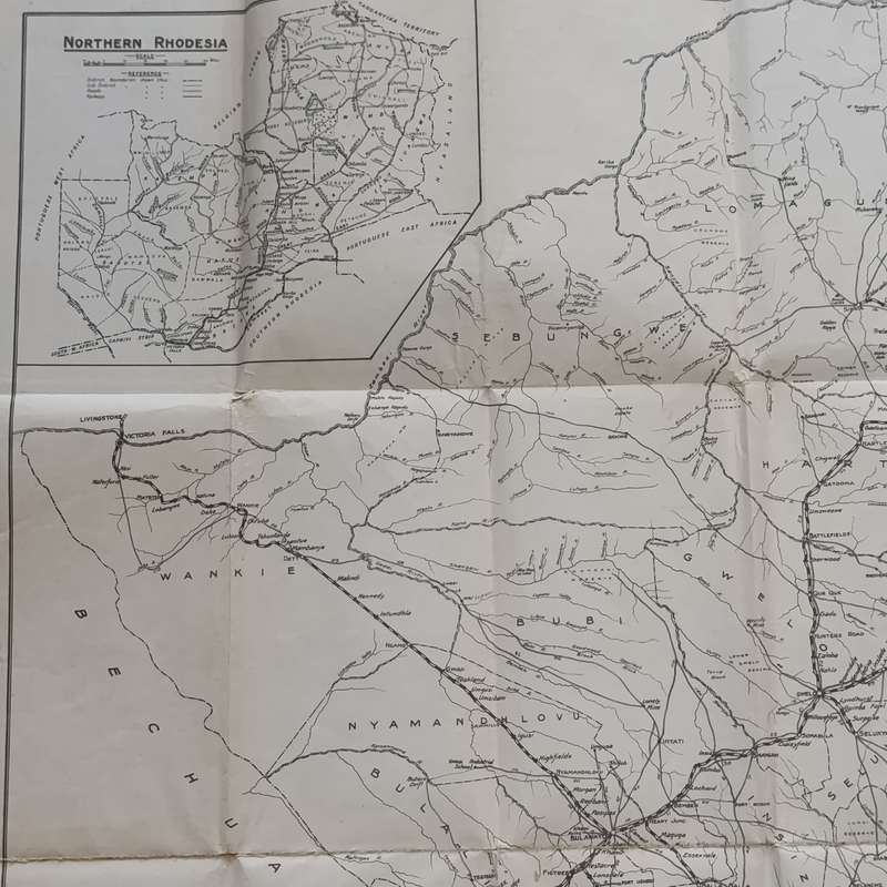 Vintage Holmes Road map of Rhodesia - Southern Rhodesia with insert of Northern Rhodesia