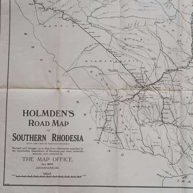 Vintage Holmes Road map of Rhodesia - Southern Rhodesia with insert of Northern Rhodesia