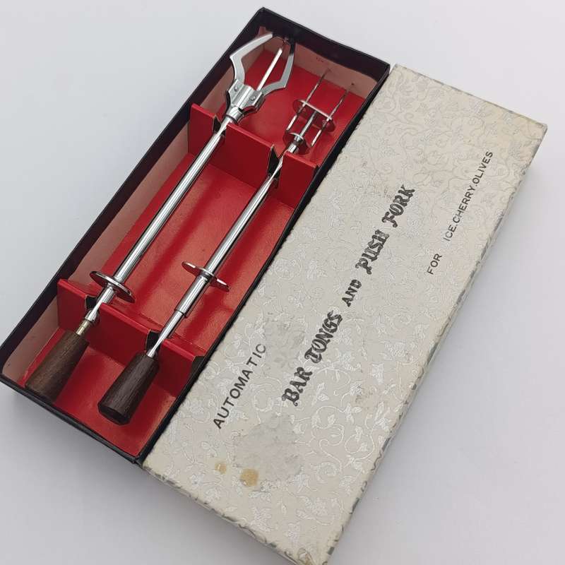 Vintage Automatic Bar tongs and push fork for ice, cherries and Olives