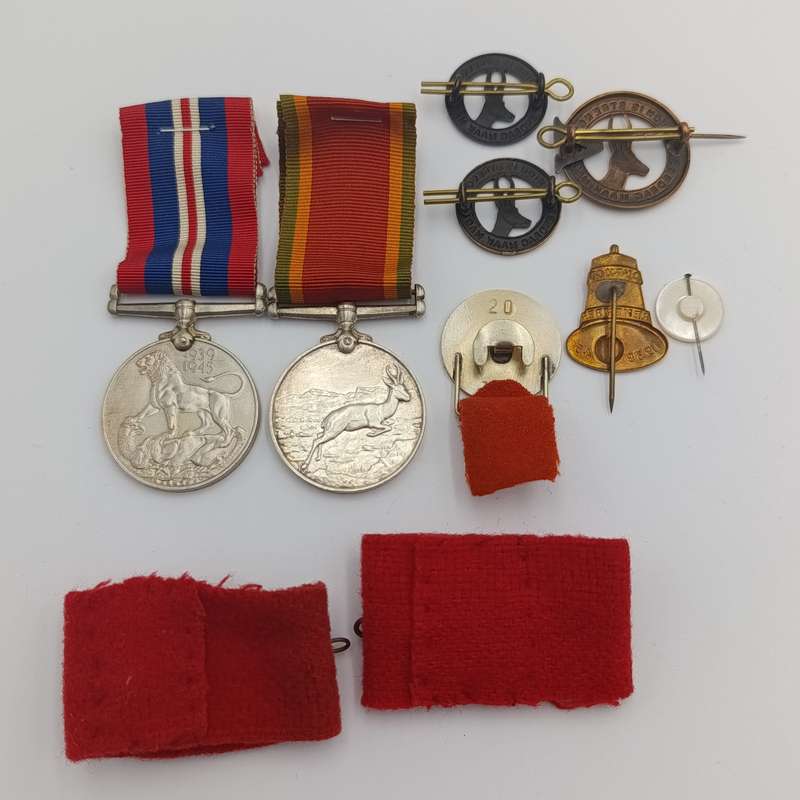 WW2 medals and badges set issued to 9549 HS Keevy - including 3 victory pin badges