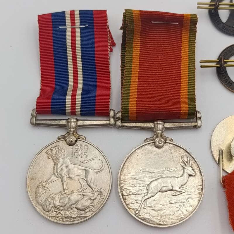 WW2 medals and badges set issued to 9549 HS Keevy - including 3 victory pin badges