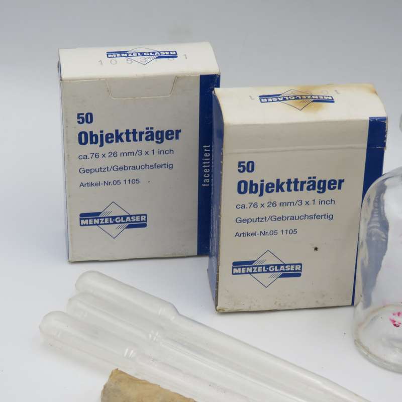 Lot of lab equipment including box of objective and deck glasses - also glass injection and bottle.