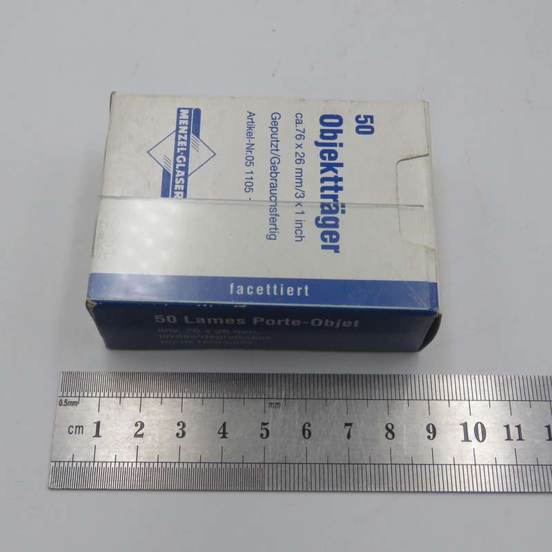 Lot of lab equipment including box of objective and deck glasses - also glass injection and bottle.