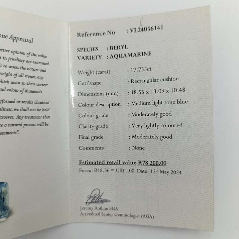 Rectangular cushion cut Aquamarine of 17,735ct with Gemlab certificate