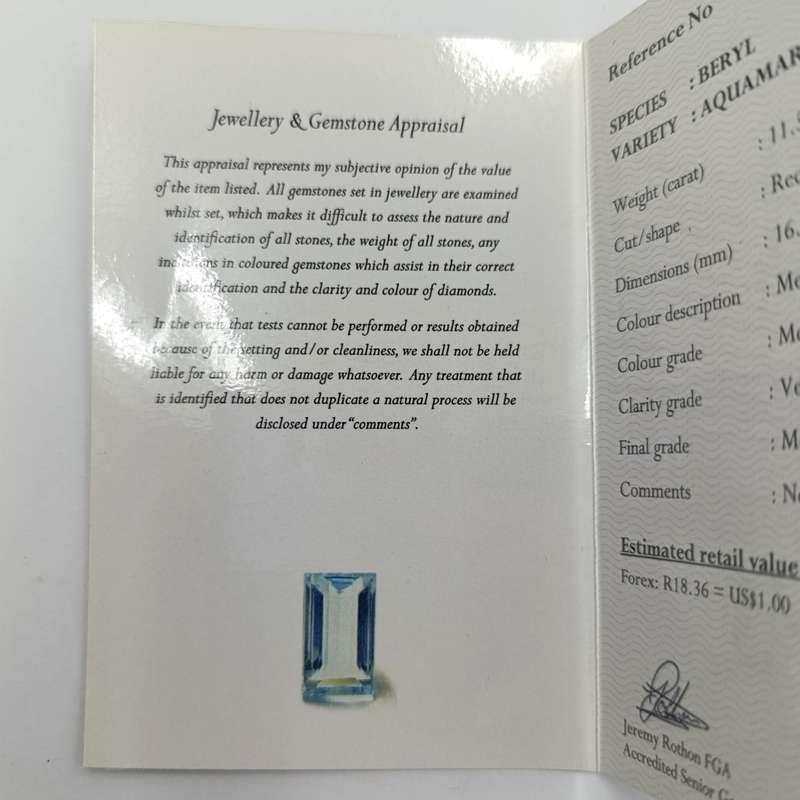 Rectangular Step Cut Aquamarine of 11,514ct with Gemlab certificate