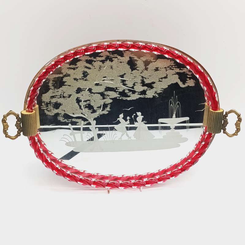 Vintage glass mirror tray with twisted Murano glass edge and brass handles