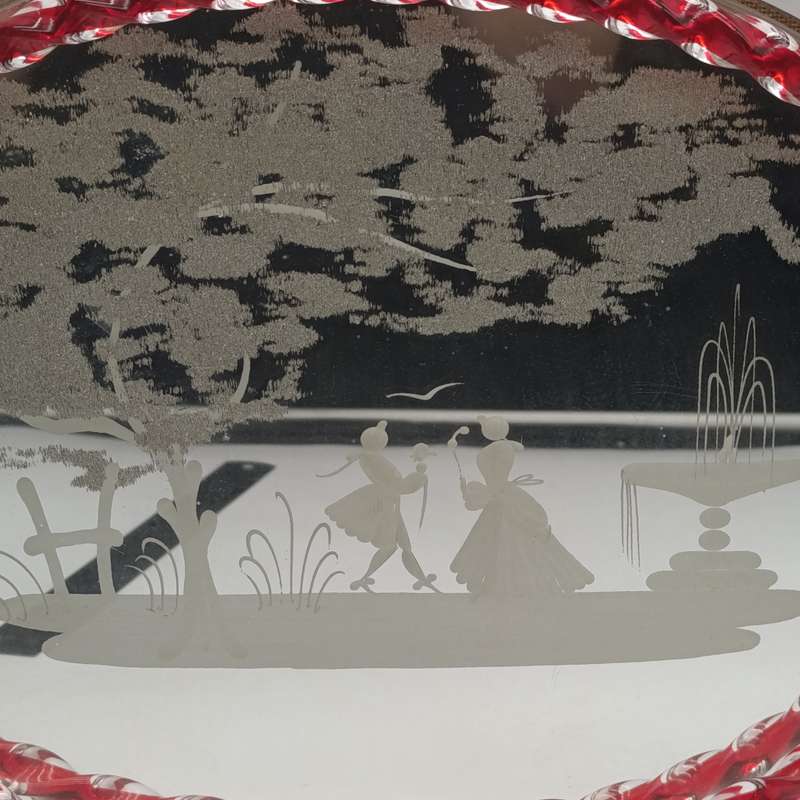 Vintage glass mirror tray with twisted Murano glass edge and brass handles