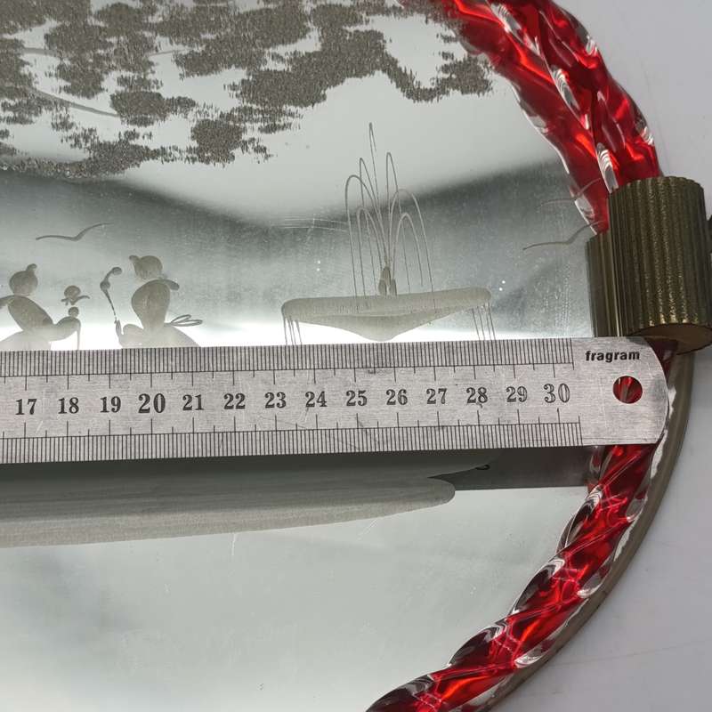 Vintage glass mirror tray with twisted Murano glass edge and brass handles