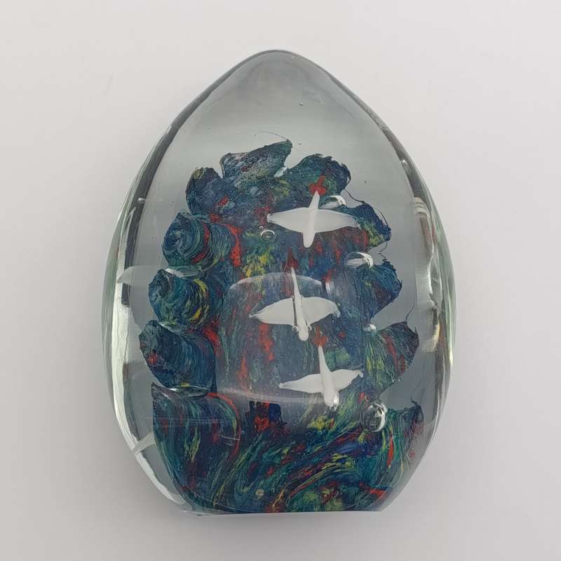 Vintage glass Paper weight with Colourful ocean and flying ducks