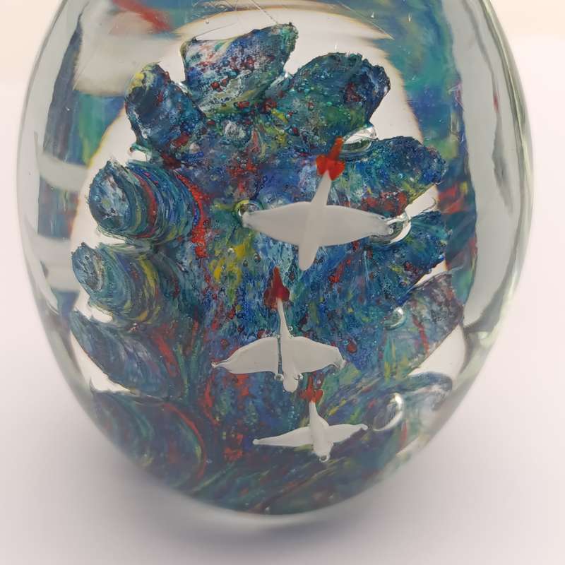 Vintage glass Paper weight with Colourful ocean and flying ducks