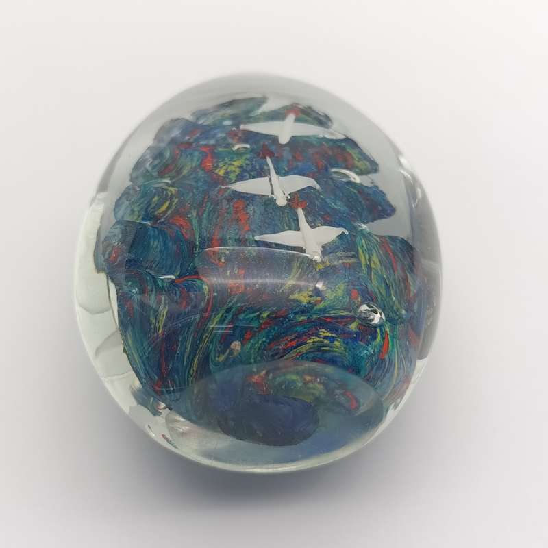 Vintage glass Paper weight with Colourful ocean and flying ducks