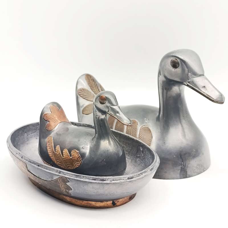 Set of a 7 trinket bowl ducks - pewter & brass 5cm to 17cm