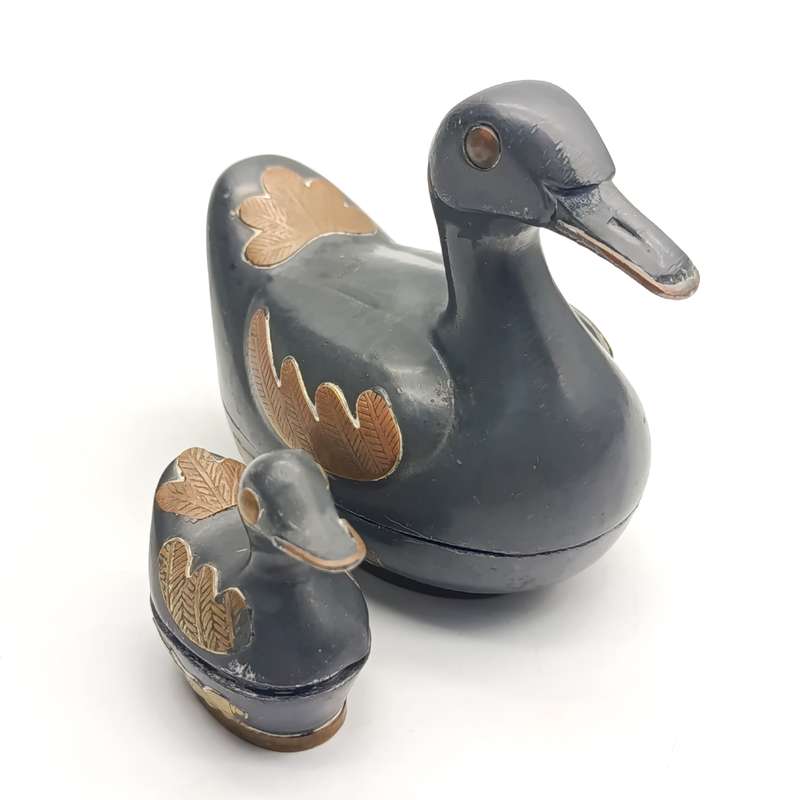 Set of a 7 trinket bowl ducks - pewter & brass 5cm to 17cm
