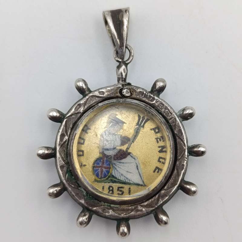 1851 Great Britain 4 pence groat coin pendant in silver surround