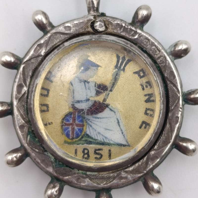 1851 Great Britain 4 pence groat coin pendant in silver surround