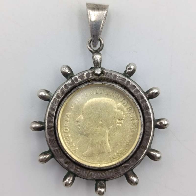 1851 Great Britain 4 pence groat coin pendant in silver surround