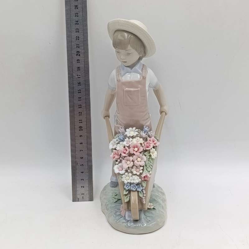 Vintage Lladro #01283 boy and wheelbarrow with flowers figurine in box