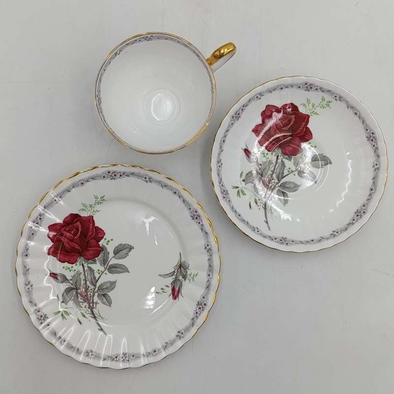 Vintage Royal Stafford "Roses to Remember" pattern porcelain trio