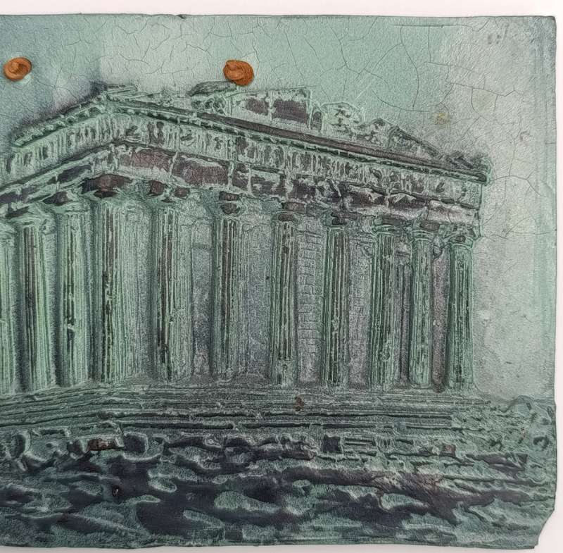 Vintage ceramic wall plaque depicting the "Temple of Athena" - made in Greece