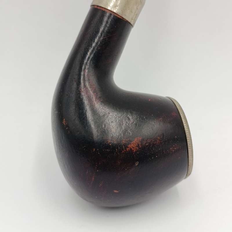 Vintage Hetre wooden smoking pipe with metal bowl rim