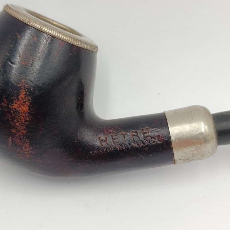 Vintage Hetre wooden smoking pipe with metal bowl rim