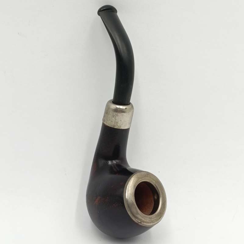 Vintage Hetre wooden smoking pipe with metal bowl rim