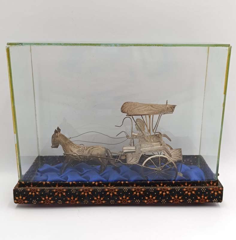 Antique Chinese Silver Filigree horse cart figurine in glass case